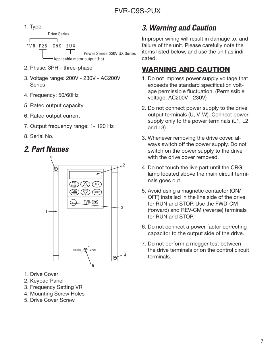 Part names, Warning and caution, Fvr-c9s-2ux | GE Industrial Solutions FVR-C9S-2UX Drive Series User Manual | Page 7 / 40