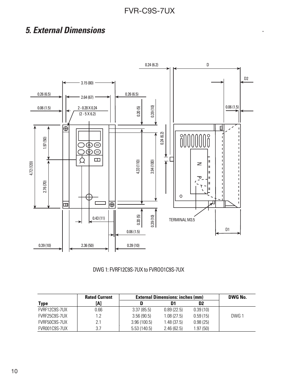 External dimensions, Fvr-c9s-7ux | GE Industrial Solutions FVR-C9S-7UX Drive Series User Manual | Page 10 / 44