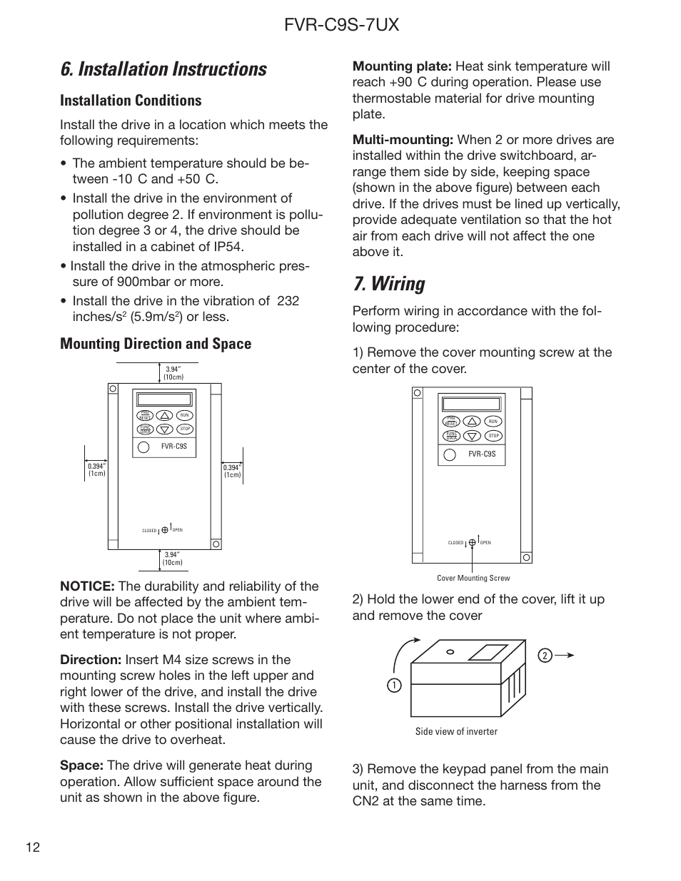 Wiring, Installation instructions, Fvr-c9s-7ux | Installation conditions, Mounting direction and space, 9m/s, Or less | GE Industrial Solutions FVR-C9S-7UX Drive Series User Manual | Page 12 / 44