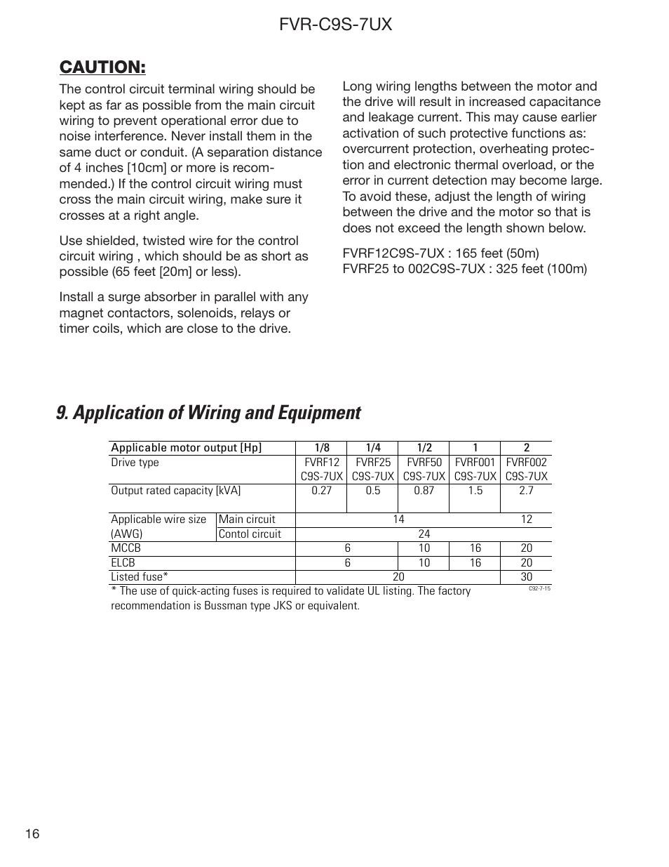 Application of wiring and equipment, Fvr-c9s-7ux caution | GE Industrial Solutions FVR-C9S-7UX Drive Series User Manual | Page 16 / 44