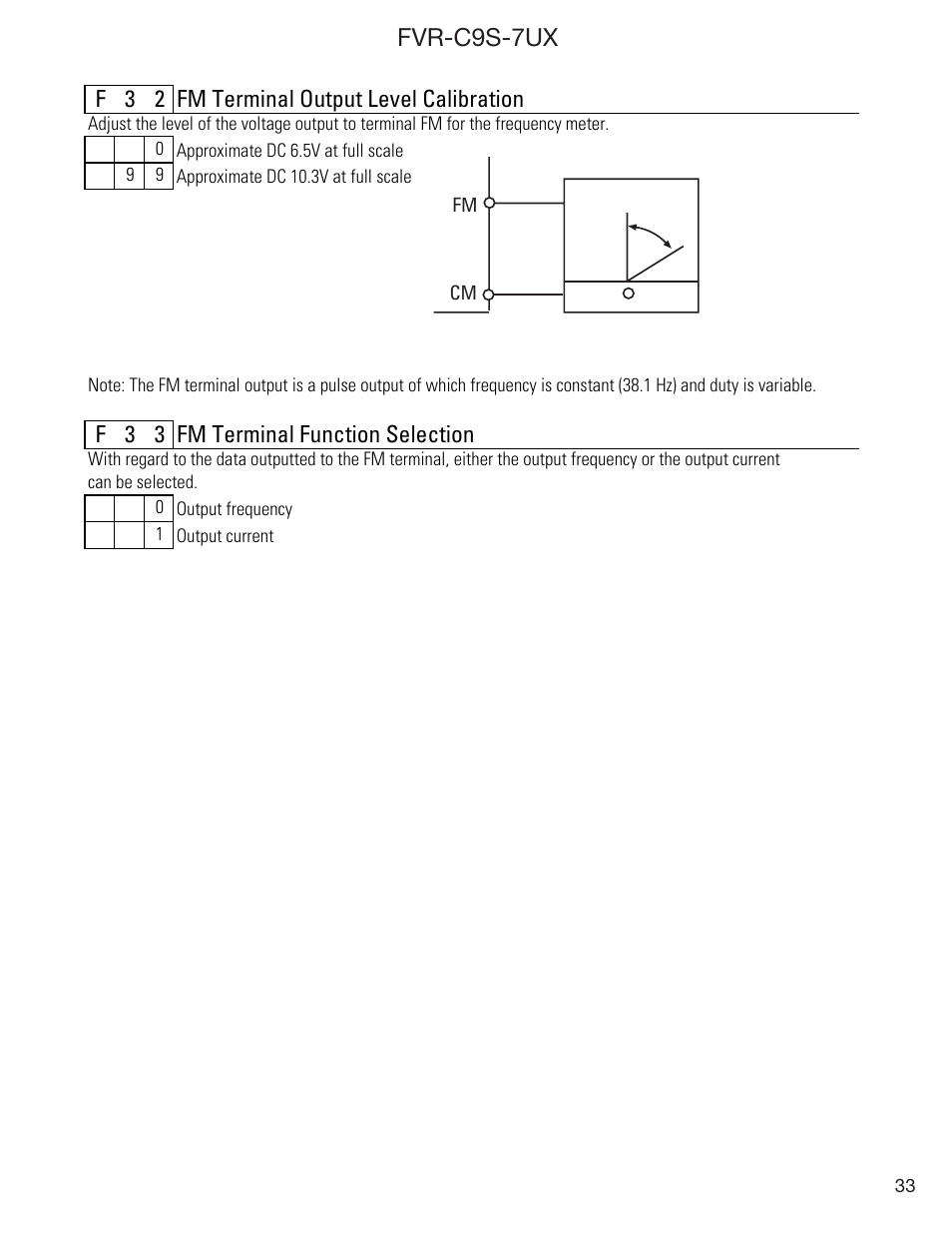 Fvr-c9s-7ux, F 3 2 fm terminal output level calibration, F 3 3 fm terminal function selection | GE Industrial Solutions FVR-C9S-7UX Drive Series User Manual | Page 33 / 44