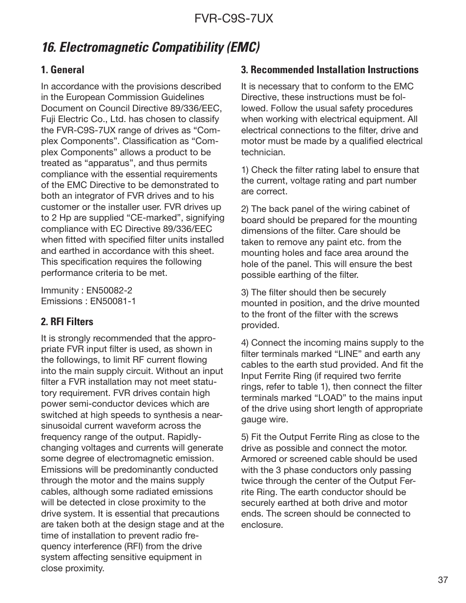 Electromagnetic compatibility (emc), Fvr-c9s-7ux | GE Industrial Solutions FVR-C9S-7UX Drive Series User Manual | Page 37 / 44