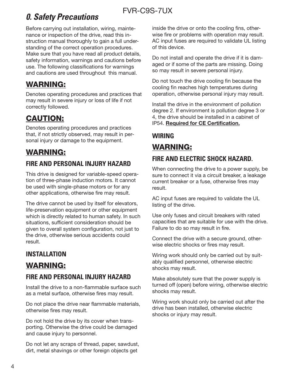 Safety precautions, Fvr-c9s-7ux, Warning | Caution | GE Industrial Solutions FVR-C9S-7UX Drive Series User Manual | Page 4 / 44