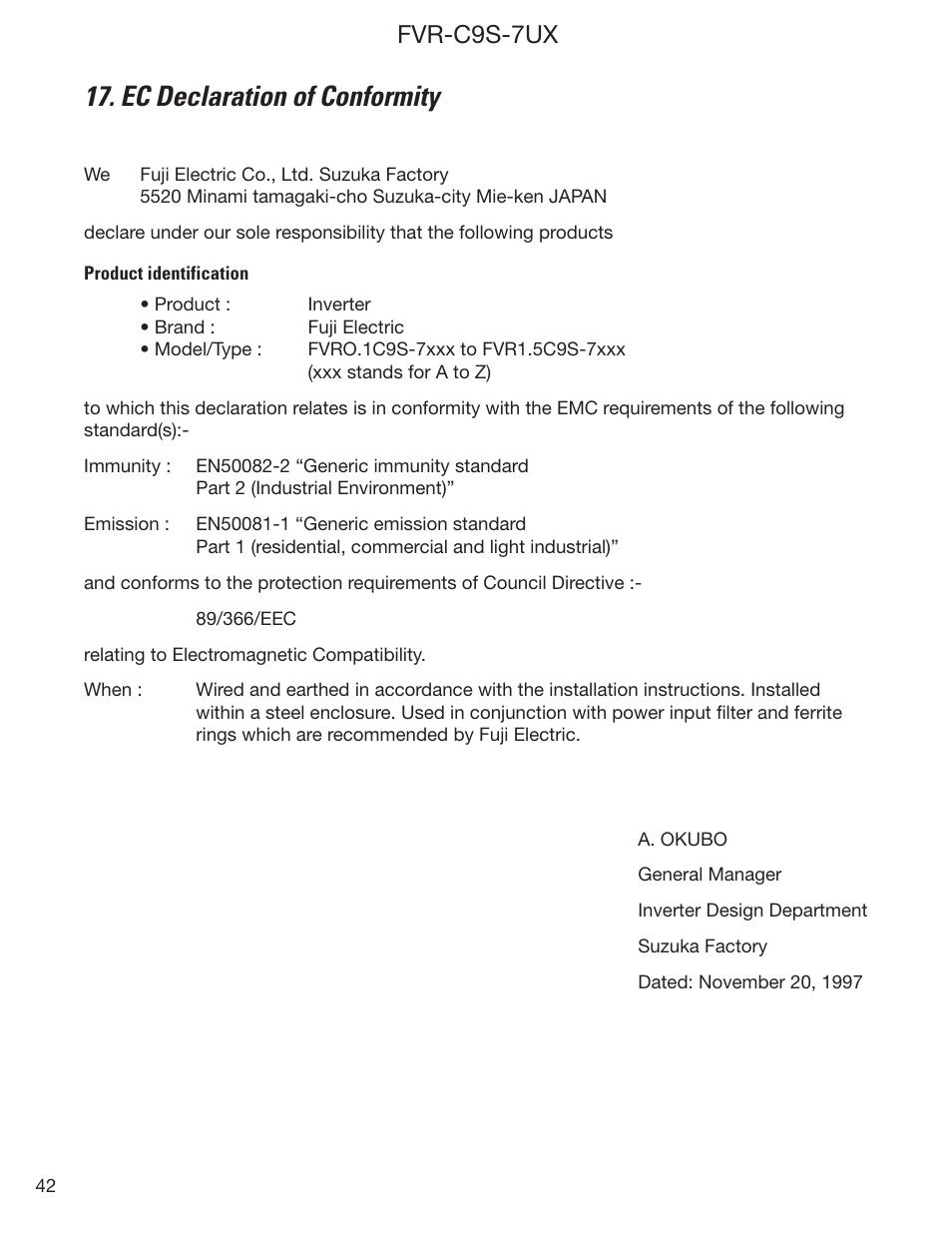 Ec declaration of conformity, Fvr-c9s-7ux | GE Industrial Solutions FVR-C9S-7UX Drive Series User Manual | Page 42 / 44