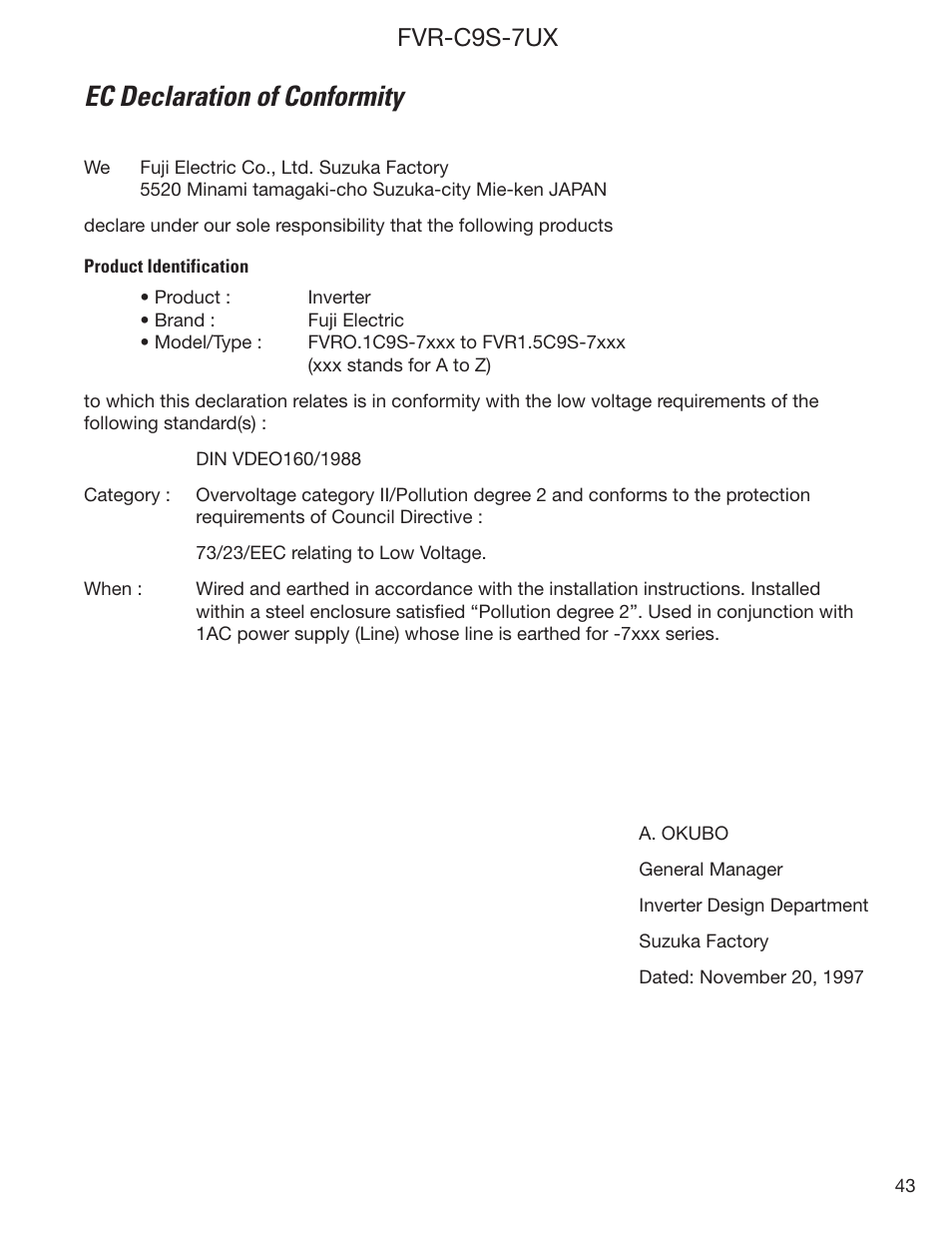 Ec declaration of conformity, Fvr-c9s-7ux | GE Industrial Solutions FVR-C9S-7UX Drive Series User Manual | Page 43 / 44