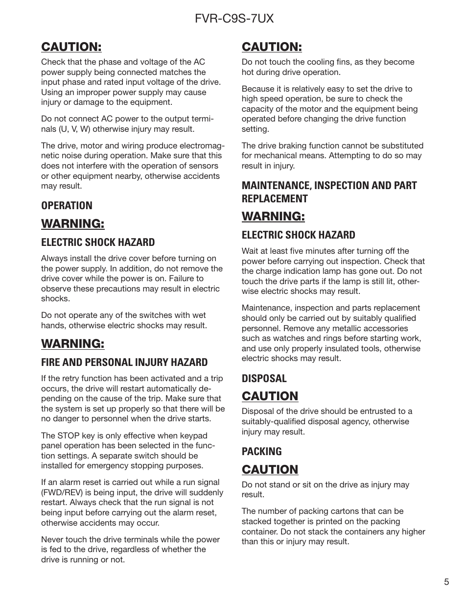 Fvr-c9s-7ux caution, Warning, Caution | GE Industrial Solutions FVR-C9S-7UX Drive Series User Manual | Page 5 / 44