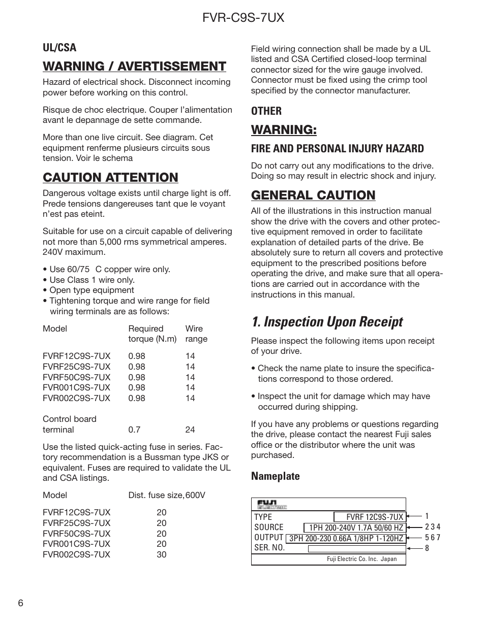 Inspection upon receipt, Fvr-c9s-7ux, Warning / avertissement | Caution attention, Warning, General caution | GE Industrial Solutions FVR-C9S-7UX Drive Series User Manual | Page 6 / 44