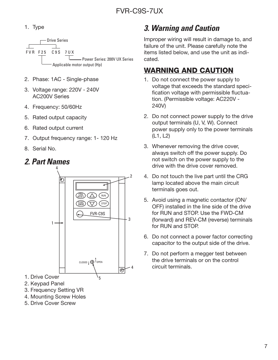Part names, Warning and caution, Fvr-c9s-7ux | GE Industrial Solutions FVR-C9S-7UX Drive Series User Manual | Page 7 / 44