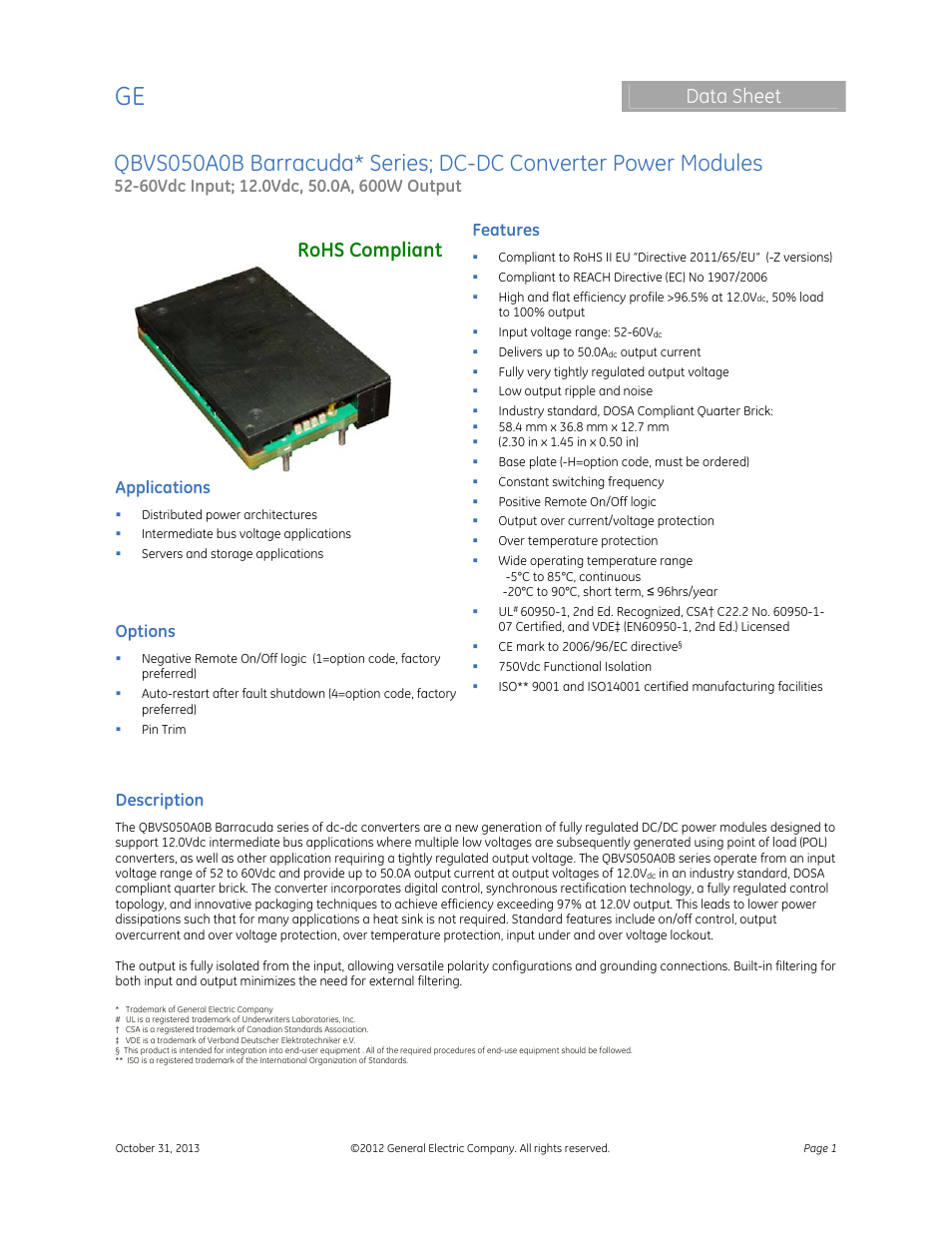 GE Industrial Solutions QBVS050A0B Barracuda Series User Manual | 16 pages