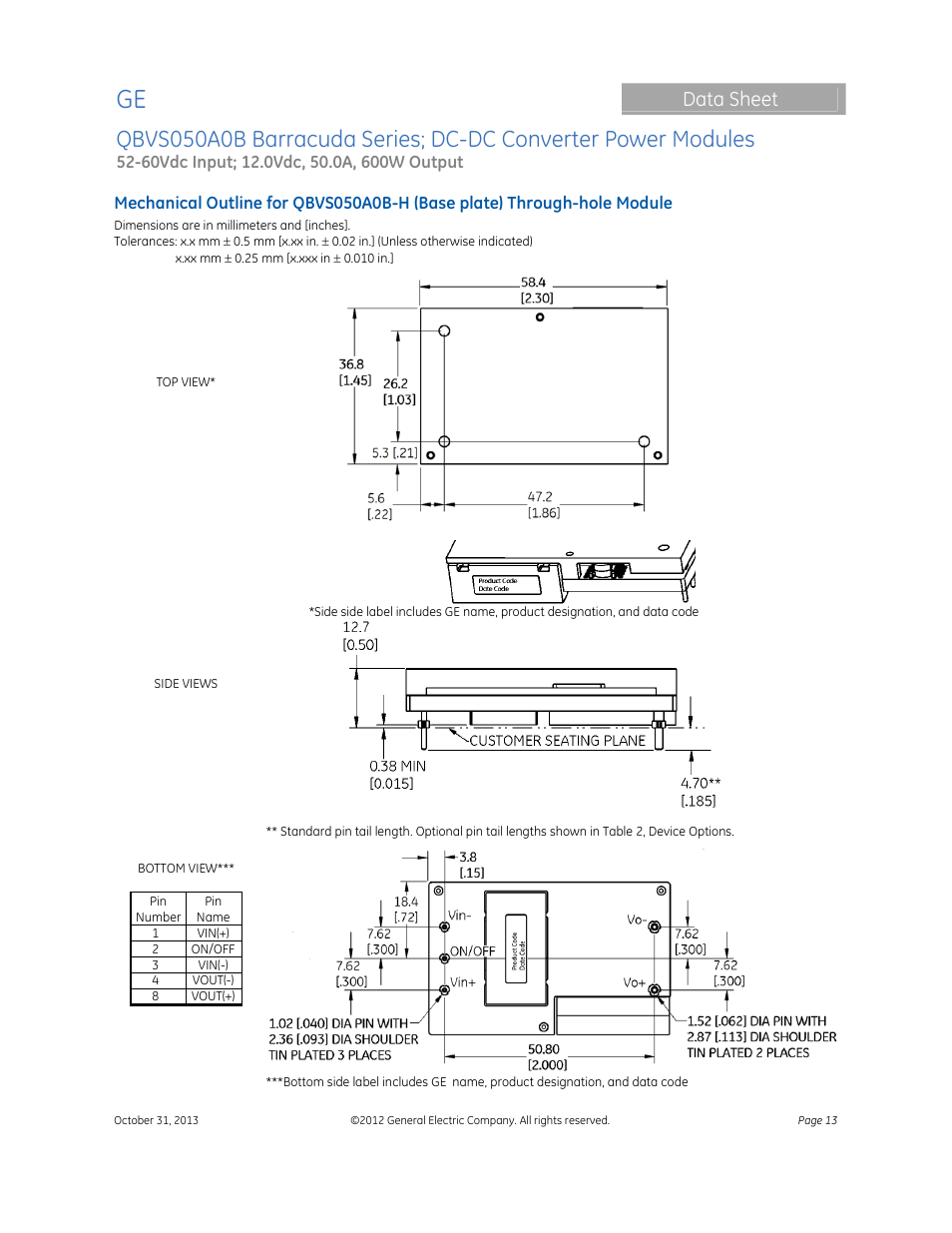 Data sheet | GE Industrial Solutions QBVS050A0B Barracuda Series User Manual | Page 13 / 16