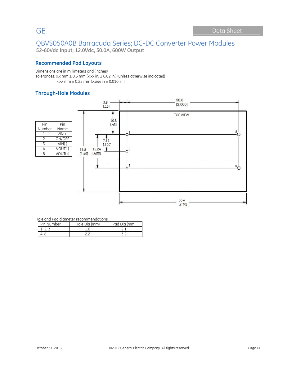 Data sheet | GE Industrial Solutions QBVS050A0B Barracuda Series User Manual | Page 14 / 16