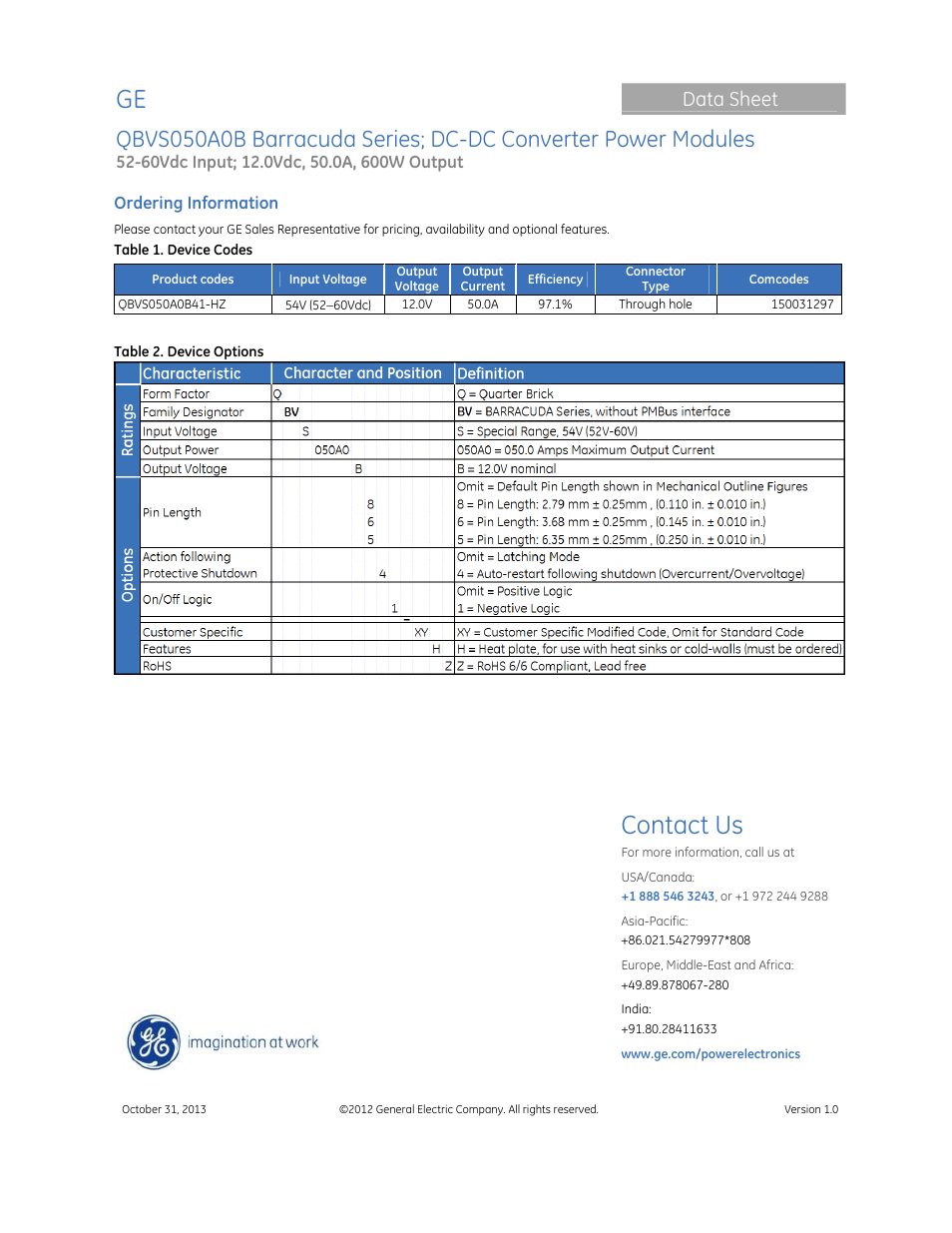 Contact us, Data sheet | GE Industrial Solutions QBVS050A0B Barracuda Series User Manual | Page 16 / 16