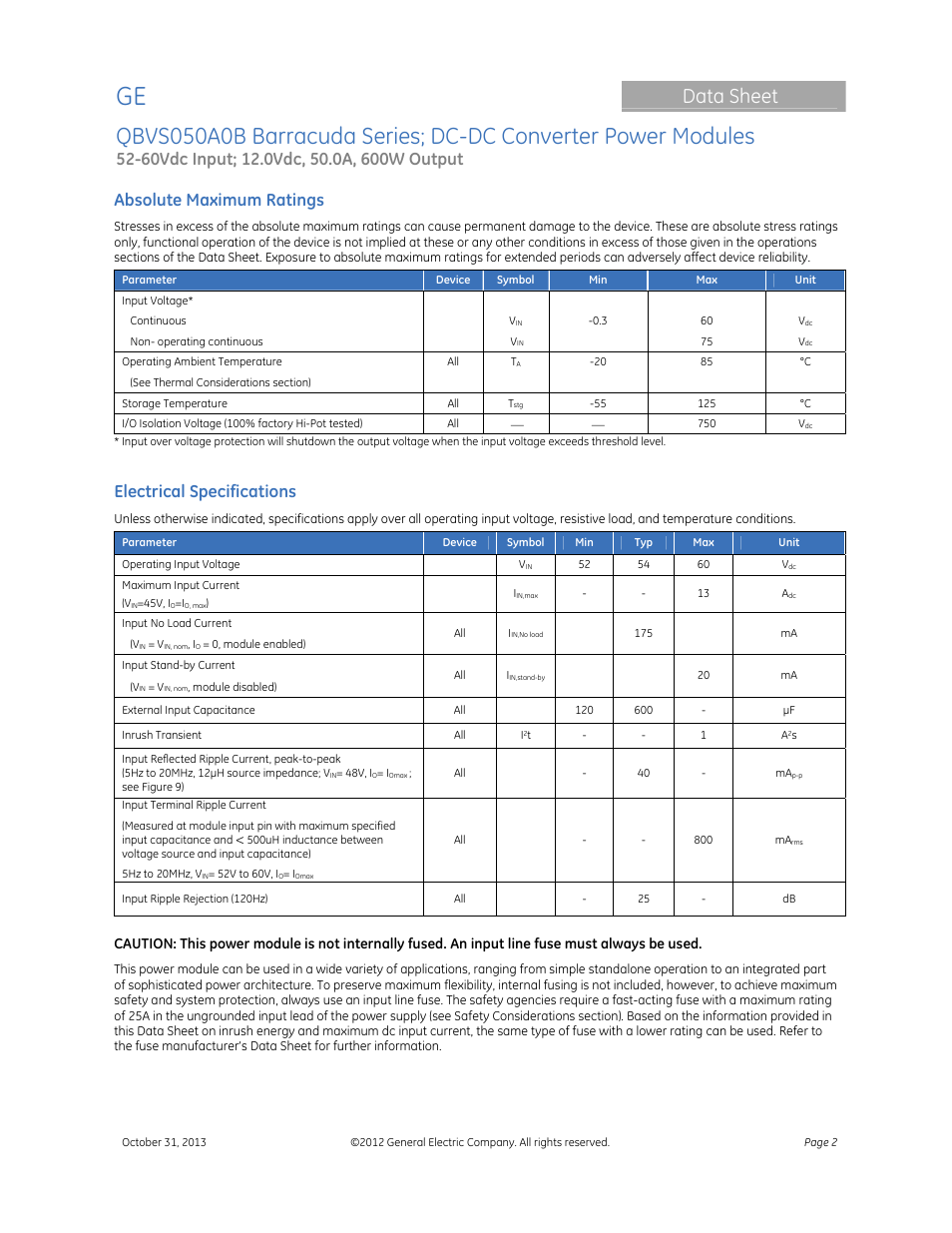 Data sheet, Absolute maximum ratings, Electrical specifications | GE Industrial Solutions QBVS050A0B Barracuda Series User Manual | Page 2 / 16