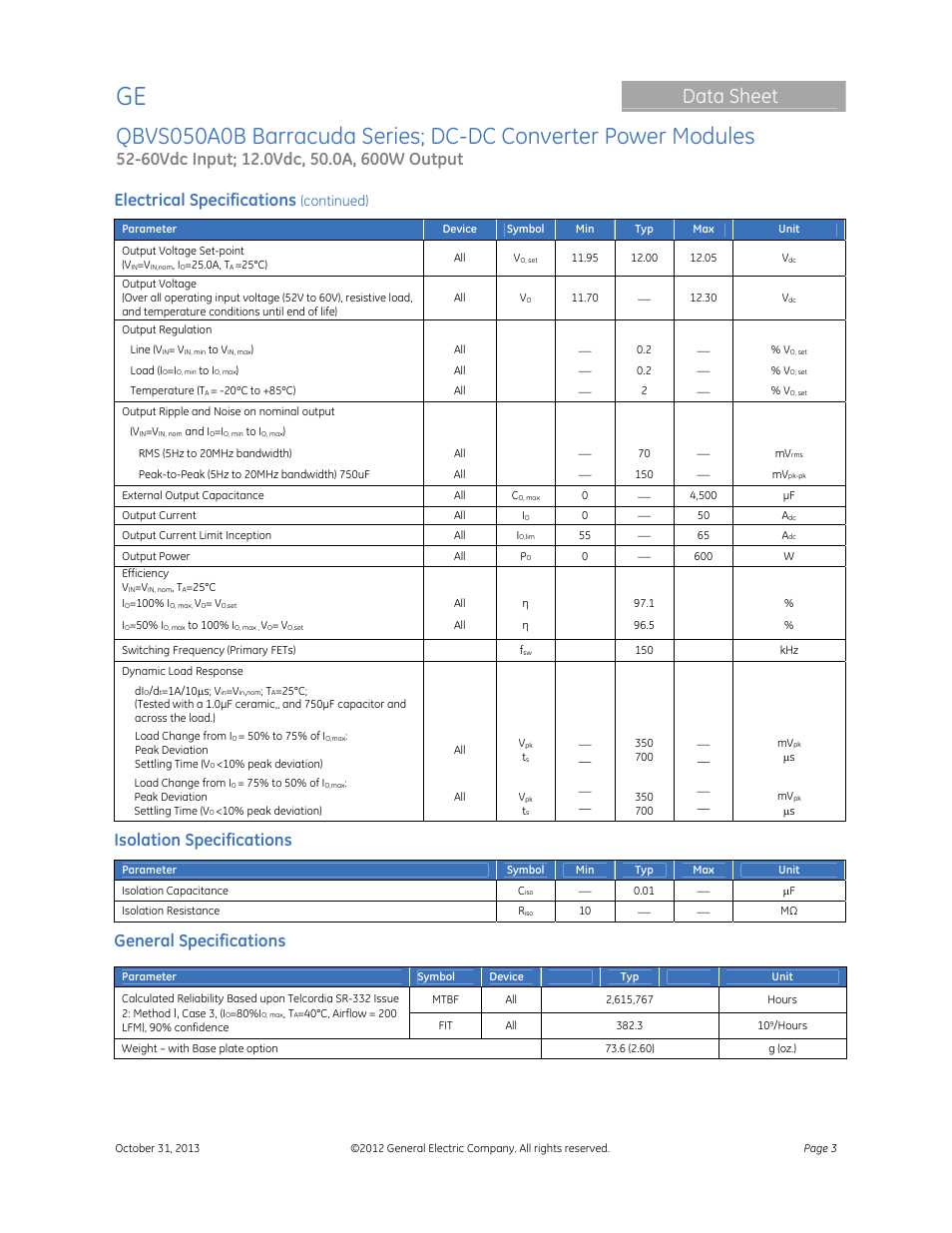 Data sheet, Electrical specifications, Isolation specifications | General specifications | GE Industrial Solutions QBVS050A0B Barracuda Series User Manual | Page 3 / 16