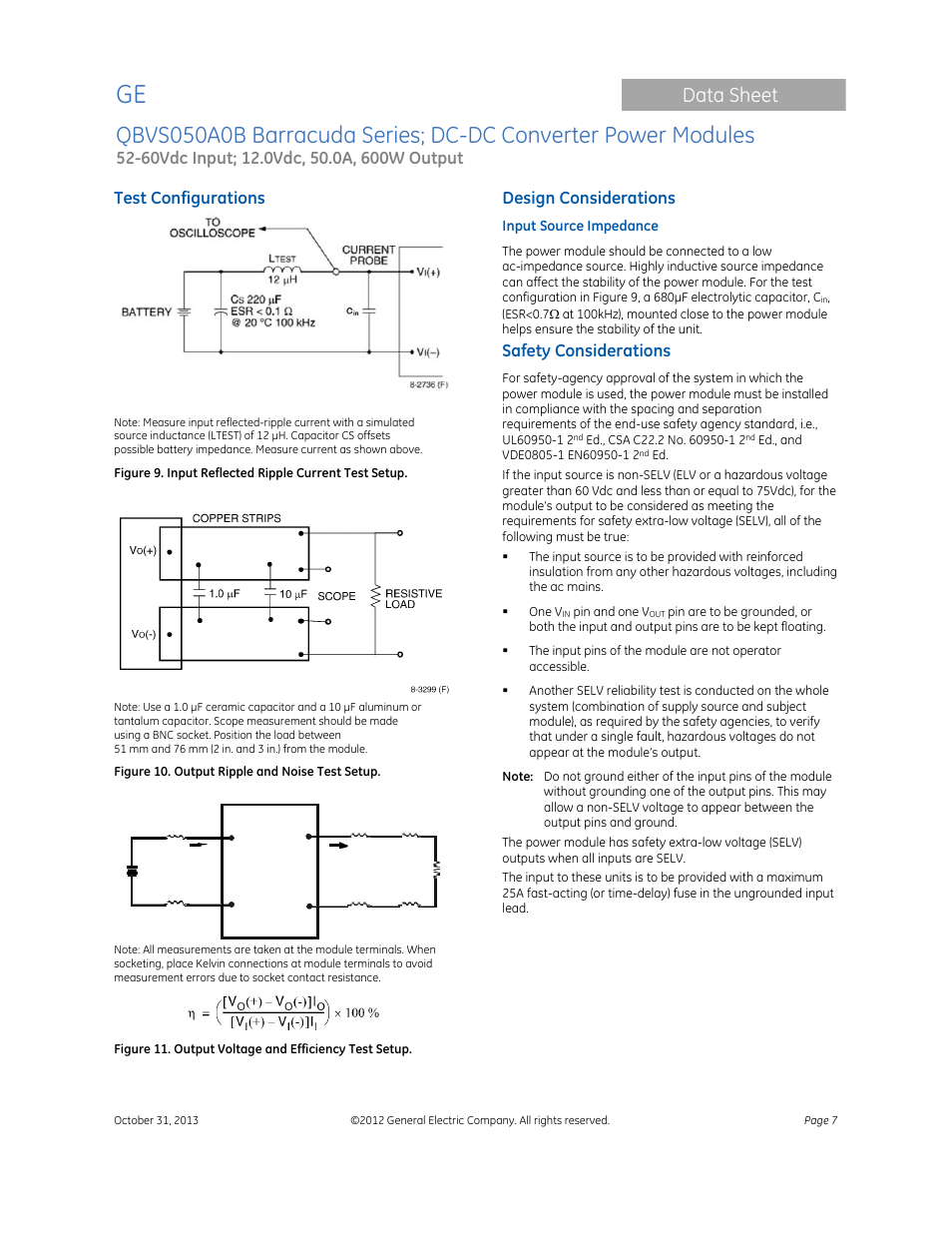Data sheet, Test configurations, Design considerations | Safety considerations | GE Industrial Solutions QBVS050A0B Barracuda Series User Manual | Page 7 / 16