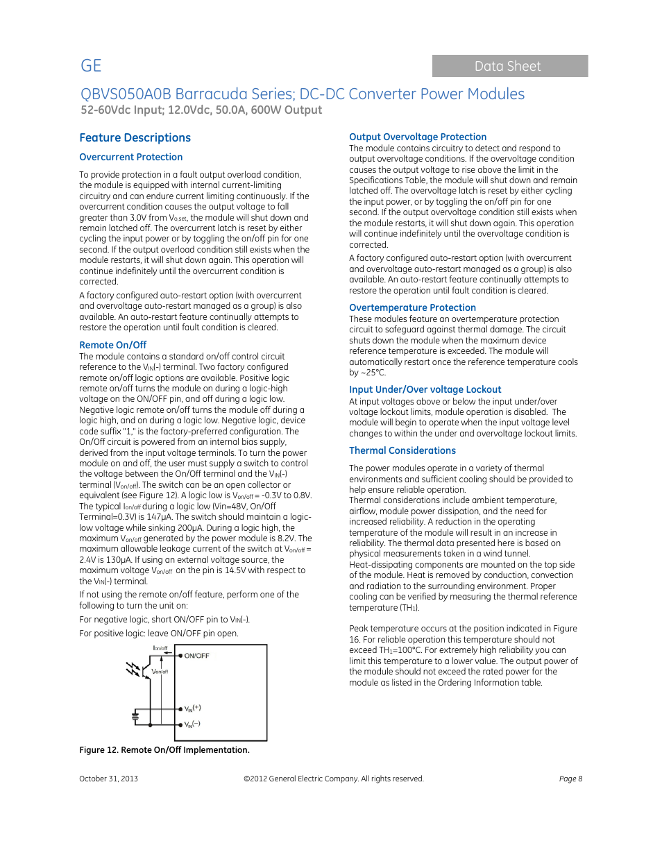 Data sheet, Feature descriptions | GE Industrial Solutions QBVS050A0B Barracuda Series User Manual | Page 8 / 16