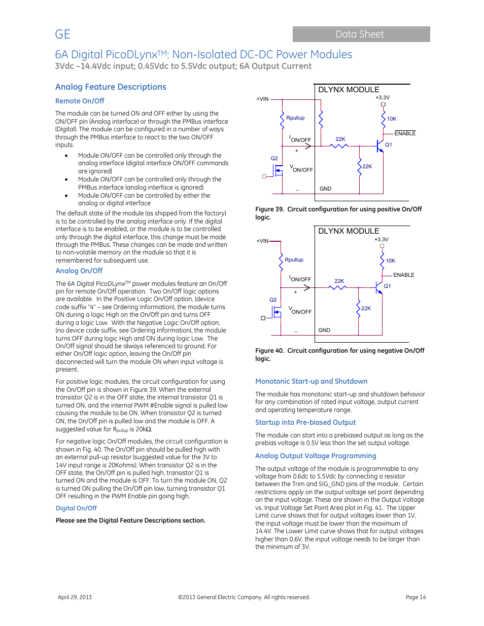 6a digital picodlynx, Non-isolated dc-dc power modules, Data sheet | Analog feature descriptions | GE Industrial Solutions 6A Digital PicoDLynx User Manual | Page 14 / 40