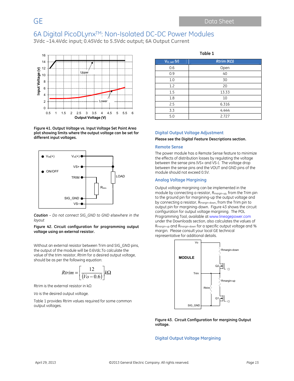 6a digital picodlynx, Non-isolated dc-dc power modules, Data sheet | Ω      − = k vo rtrim 6 . 0 12 | GE Industrial Solutions 6A Digital PicoDLynx User Manual | Page 15 / 40