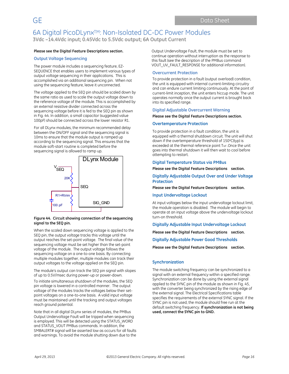 6a digital picodlynx, Non-isolated dc-dc power modules, Data sheet | Dlynx module | GE Industrial Solutions 6A Digital PicoDLynx User Manual | Page 16 / 40