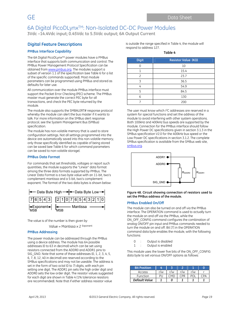 6a digital picodlynx, Non-isolated dc-dc power modules, Data sheet | Digital feature descriptions | GE Industrial Solutions 6A Digital PicoDLynx User Manual | Page 19 / 40