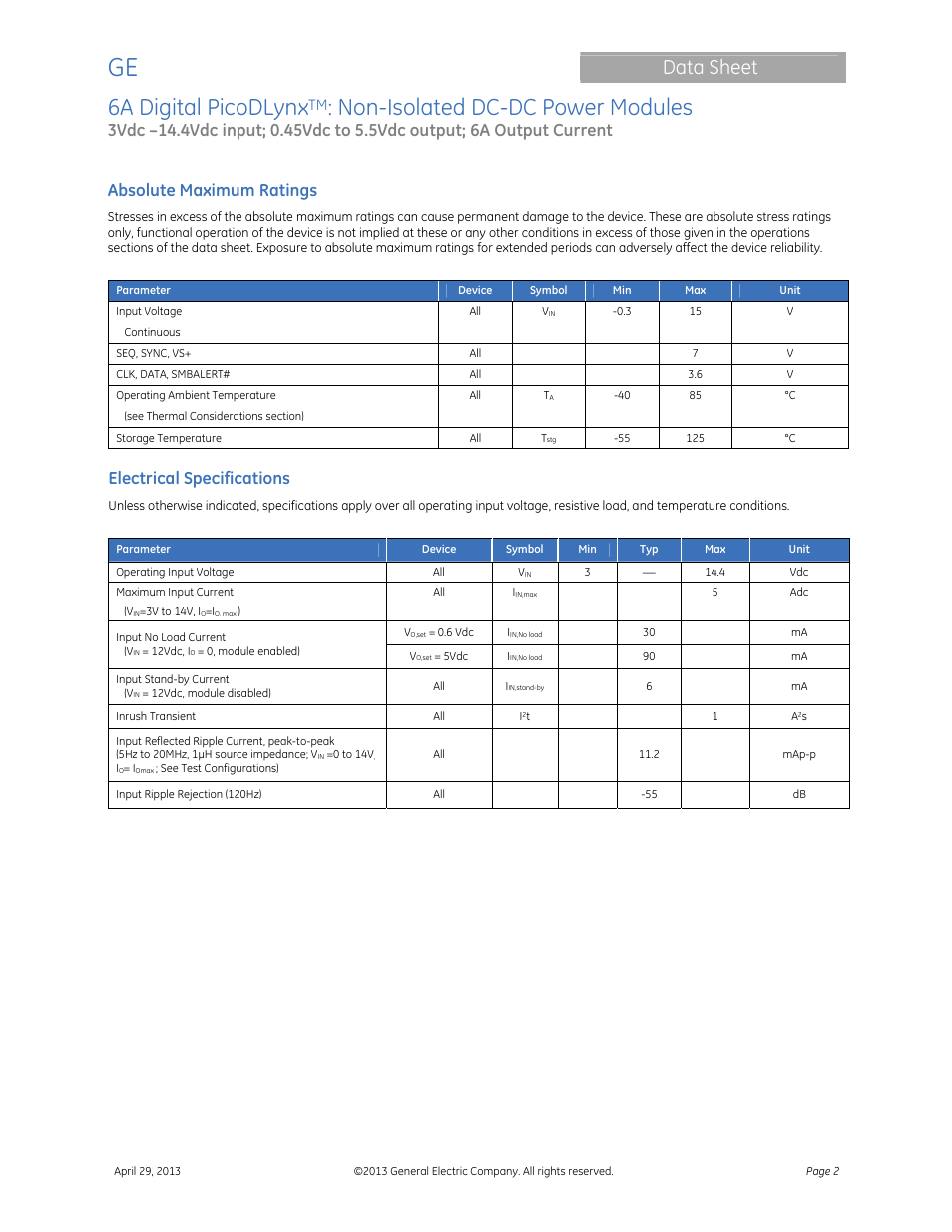6a digital picodlynx, Non-isolated dc-dc power modules, Data sheet | Absolute maximum ratings, Electrical specifications | GE Industrial Solutions 6A Digital PicoDLynx User Manual | Page 2 / 40