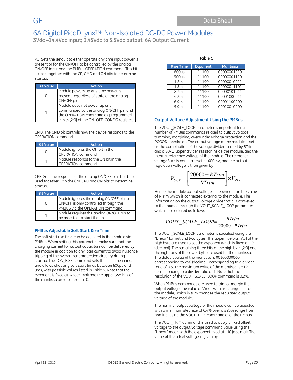 6a digital picodlynx, Non-isolated dc-dc power modules, Data sheet | GE Industrial Solutions 6A Digital PicoDLynx User Manual | Page 20 / 40