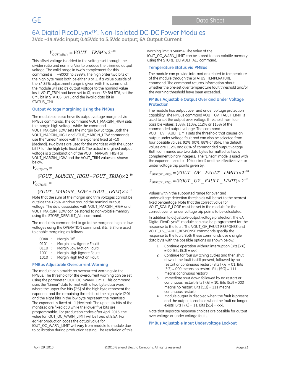 6a digital picodlynx, Non-isolated dc-dc power modules, Data sheet | GE Industrial Solutions 6A Digital PicoDLynx User Manual | Page 21 / 40