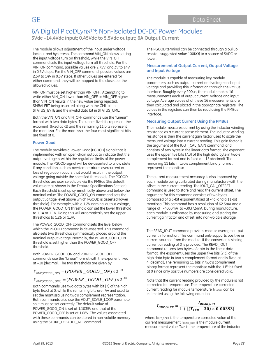 6a digital picodlynx, Non-isolated dc-dc power modules, Data sheet | GE Industrial Solutions 6A Digital PicoDLynx User Manual | Page 22 / 40
