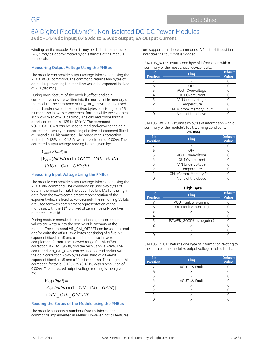 6a digital picodlynx, Non-isolated dc-dc power modules, Data sheet | GE Industrial Solutions 6A Digital PicoDLynx User Manual | Page 23 / 40