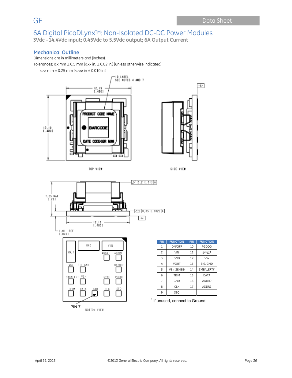 6a digital picodlynx, Non-isolated dc-dc power modules, Data sheet | Mechanical outline | GE Industrial Solutions 6A Digital PicoDLynx User Manual | Page 36 / 40
