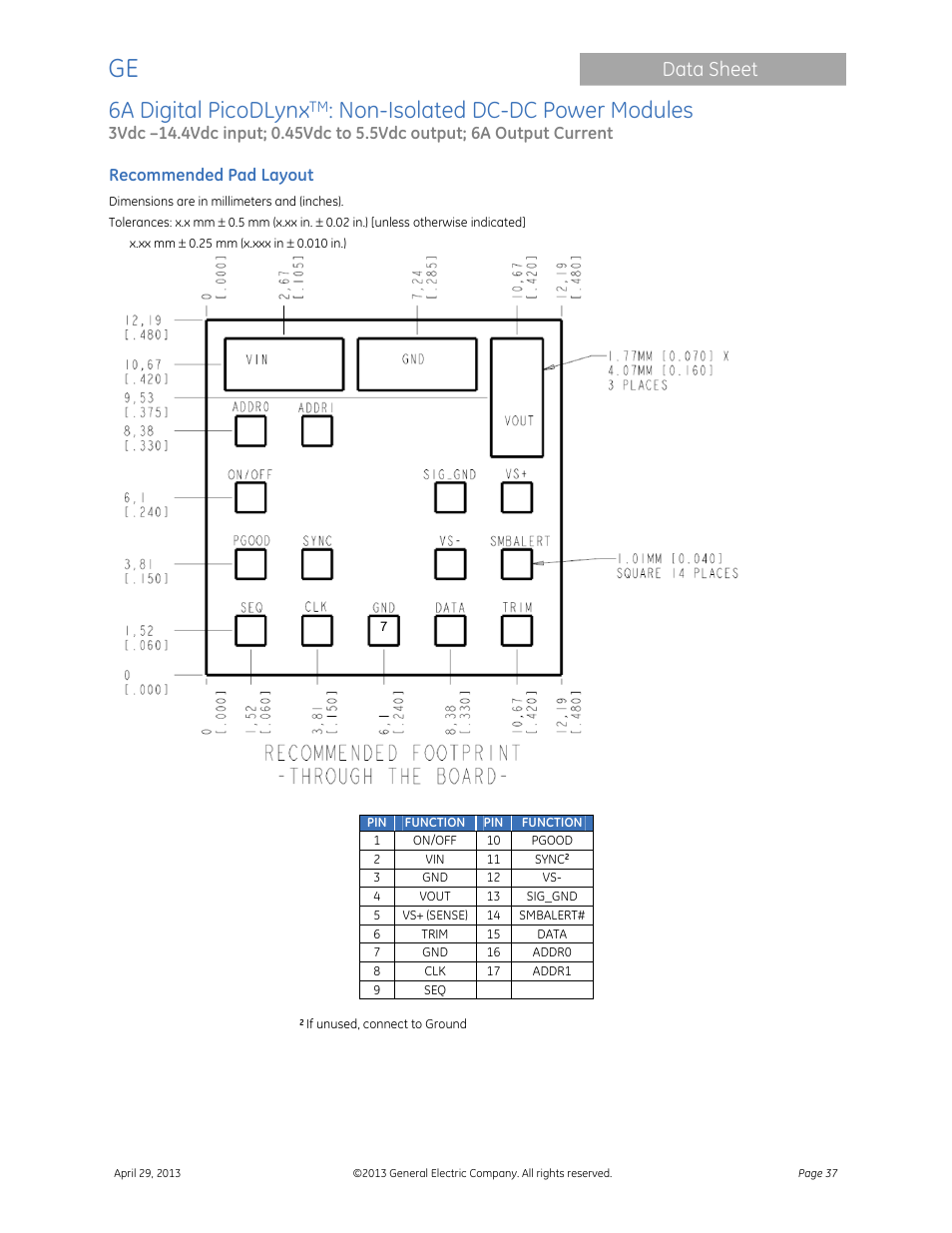 6a digital picodlynx, Non-isolated dc-dc power modules, Data sheet | GE Industrial Solutions 6A Digital PicoDLynx User Manual | Page 37 / 40