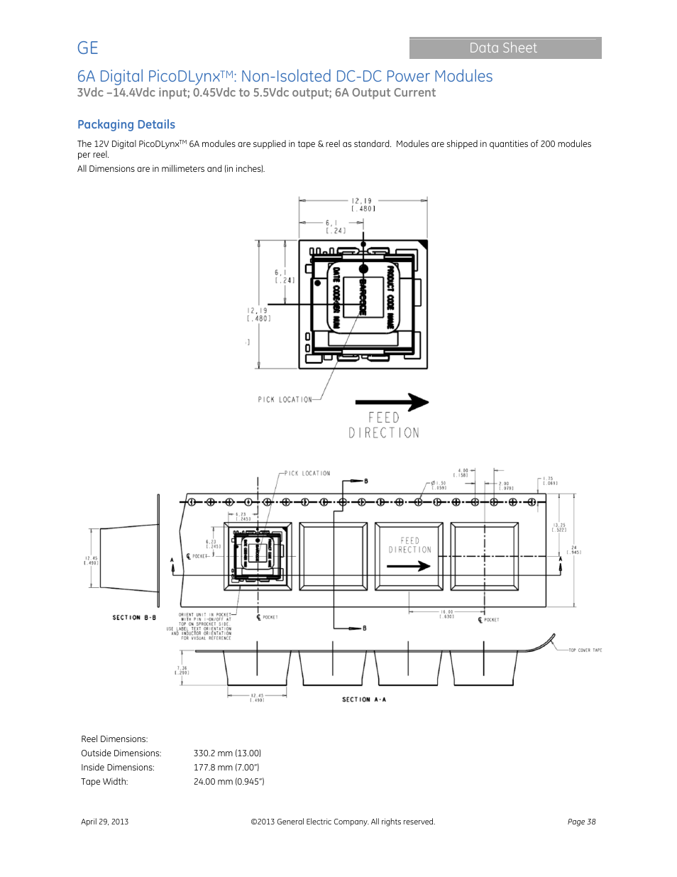 6a digital picodlynx, Non-isolated dc-dc power modules, Data sheet | GE Industrial Solutions 6A Digital PicoDLynx User Manual | Page 38 / 40