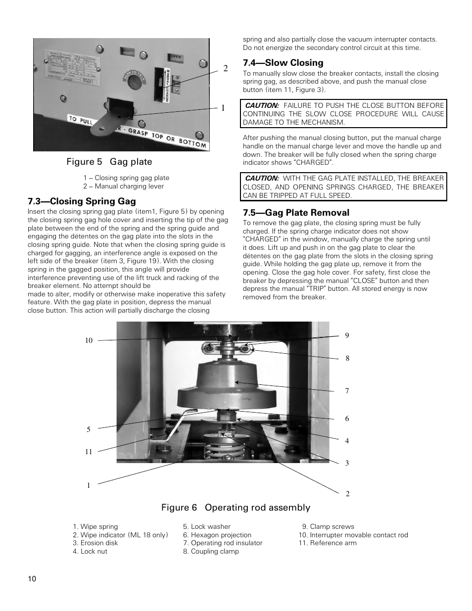 3—closing spring gag, 4—slow closing, 5—gag plate removal | Figure 6 operating rod assembly, Figure 5 gag plate | GE Industrial Solutions PowerVac with ML-18 or ML-18H Mechanism User Manual | Page 10 / 44