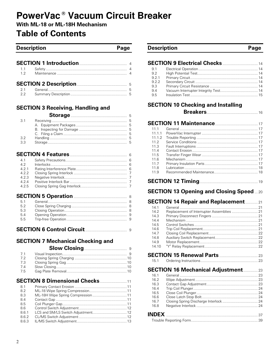 GE Industrial Solutions PowerVac with ML-18 or ML-18H Mechanism User Manual | Page 2 / 44
