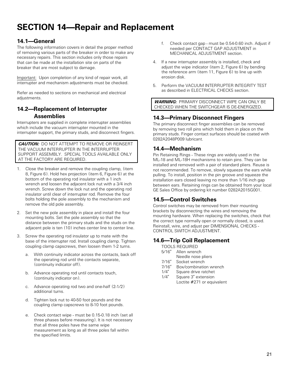 1—general, 2—replacement of interrupter assemblies, 3—primary disconnect fingers | 4—mechanism, 5—control switches, 6—trip coil replacement | GE Industrial Solutions PowerVac with ML-18 or ML-18H Mechanism User Manual | Page 21 / 44