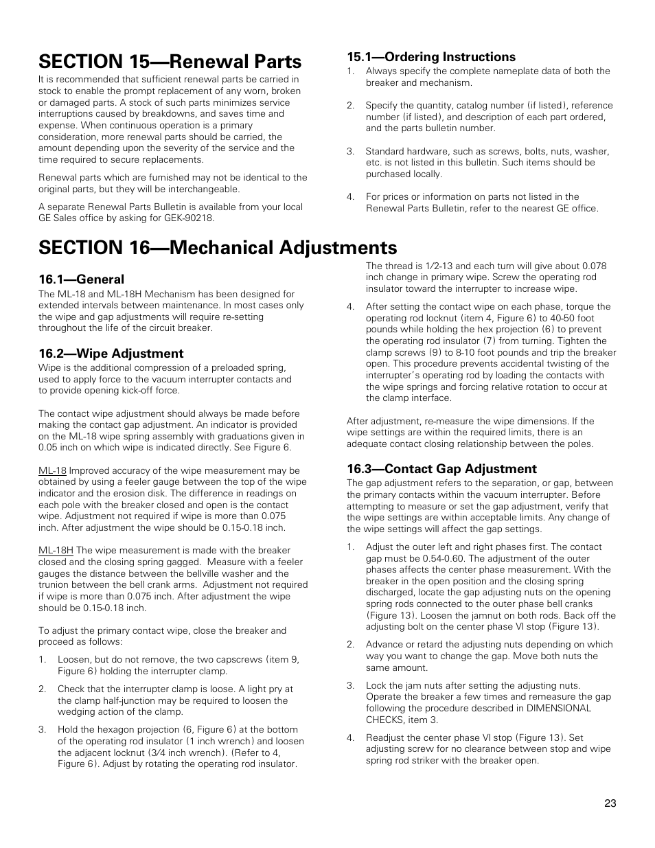 1—ordering instructions, 1—general, 2—wipe adjustment | 3—contact gap adjustment | GE Industrial Solutions PowerVac with ML-18 or ML-18H Mechanism User Manual | Page 23 / 44