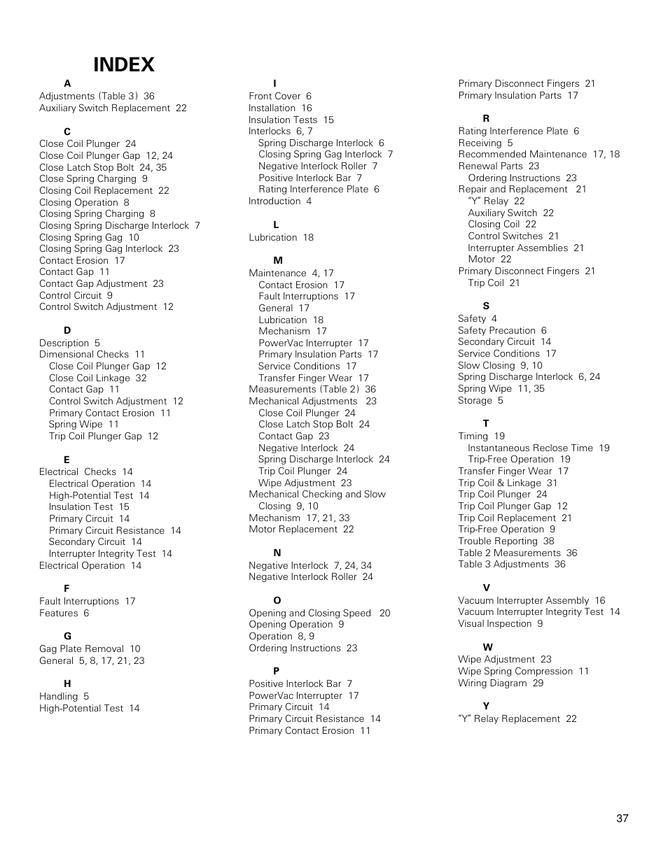 Index | GE Industrial Solutions PowerVac with ML-18 or ML-18H Mechanism User Manual | Page 37 / 44