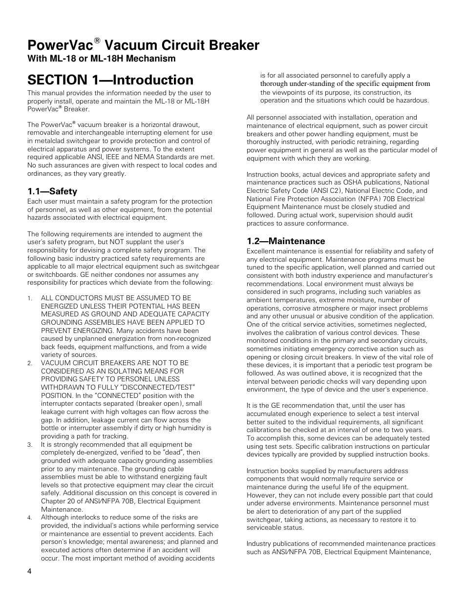 Powervac, Vacuum circuit breaker | GE Industrial Solutions PowerVac with ML-18 or ML-18H Mechanism User Manual | Page 4 / 44