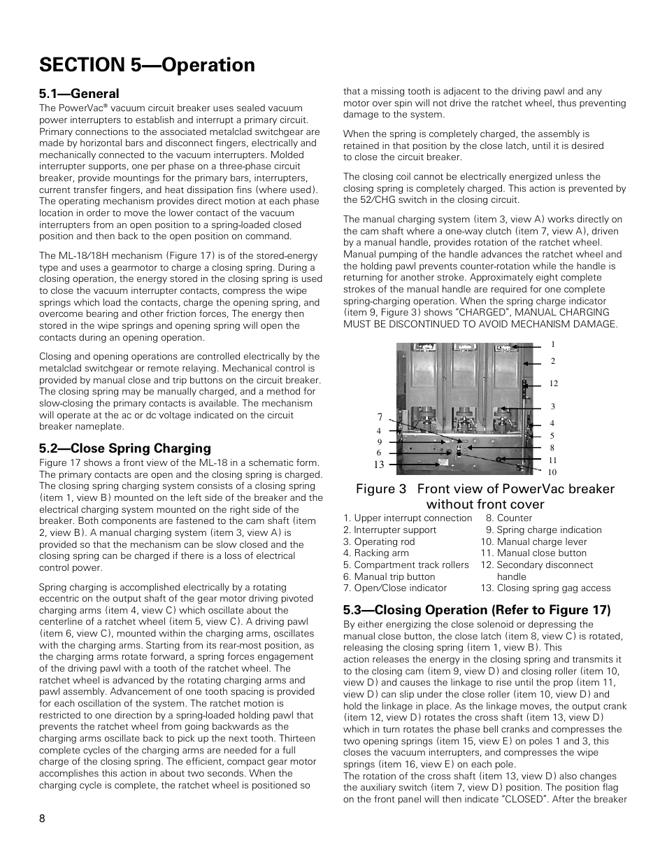 1—general, 2—close spring charging, 3—closing operation (refer to figure 17) | GE Industrial Solutions PowerVac with ML-18 or ML-18H Mechanism User Manual | Page 8 / 44