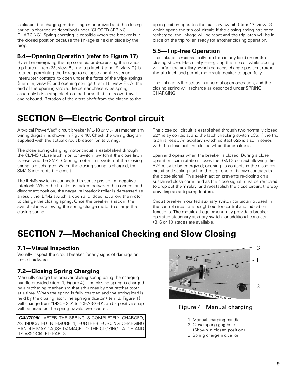 4—opening operation (refer to figure 17), 5—trip-free operation, 1—visual inspection | 2—closing spring charging, 13 2 figure 4 manual charging | GE Industrial Solutions PowerVac with ML-18 or ML-18H Mechanism User Manual | Page 9 / 44