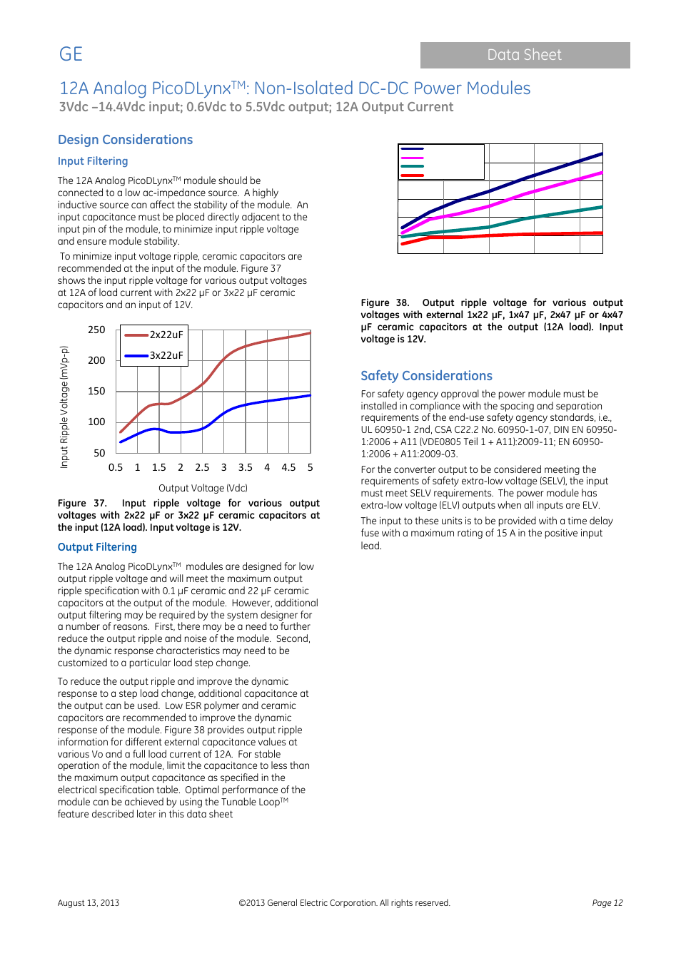 Input filtering, Output filtering, 12a analog picodlynx | Non-isolated dc-dc power modules, Data sheet, Design considerations, Safety considerations | GE Industrial Solutions 12A Analog PicoDLynx User Manual | Page 12 / 23