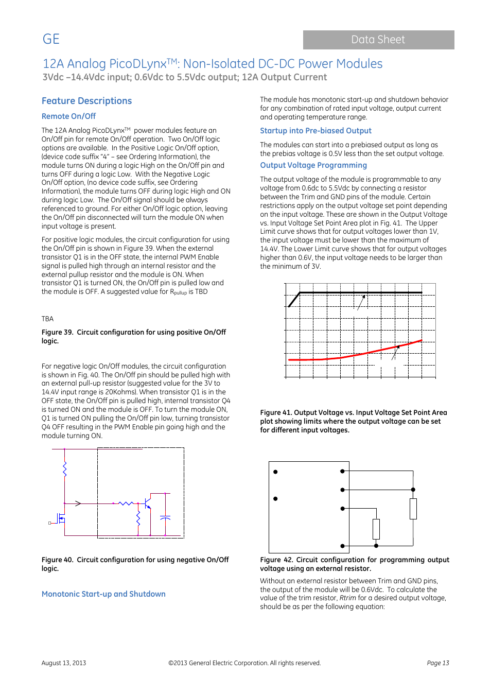 Feature descriptions, Remote on/off, Startup into pre-biased output | Output voltage programming, 12a analog picodlynx, Non-isolated dc-dc power modules, Data sheet | GE Industrial Solutions 12A Analog PicoDLynx User Manual | Page 13 / 23
