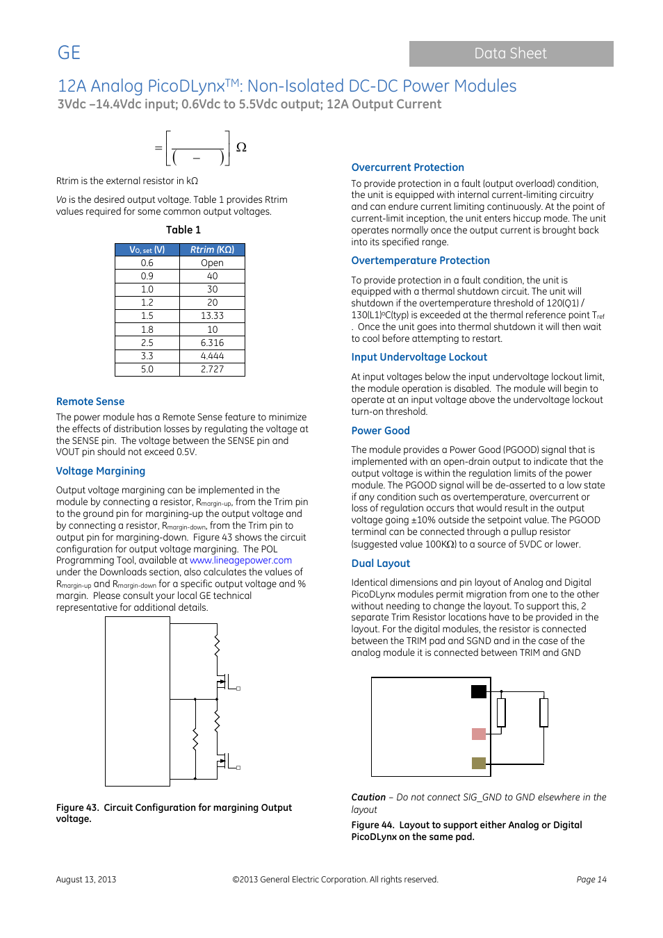 Input undervoltage lockout, Power good, Dual layout | 12a analog picodlynx, Non-isolated dc-dc power modules, Data sheet, Ω      − = k vo rtrim 6 . 0 12, Module | GE Industrial Solutions 12A Analog PicoDLynx User Manual | Page 14 / 23