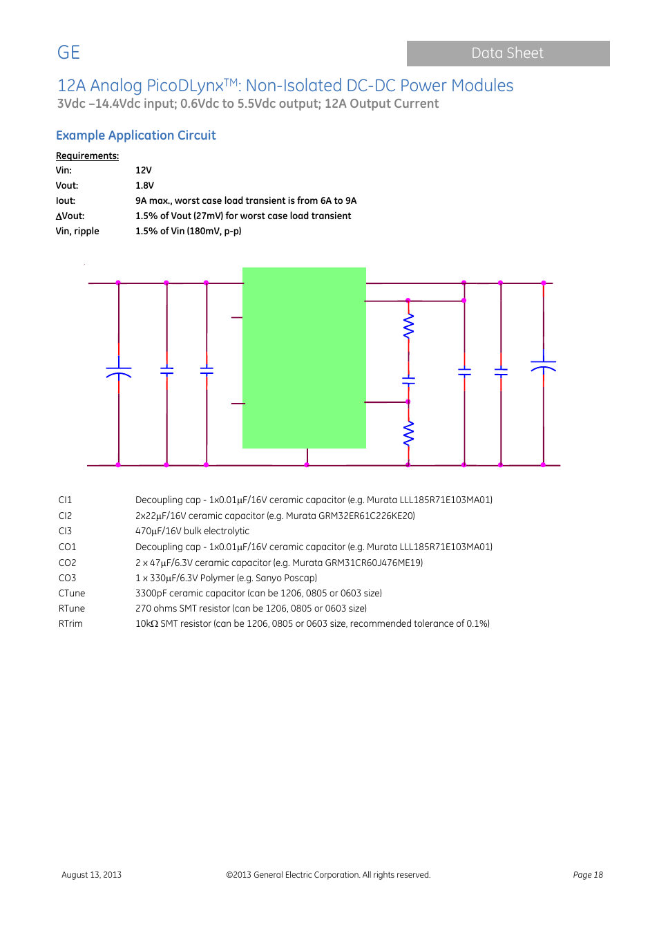 Example application circuit, Module, 12a analog picodlynx | Non-isolated dc-dc power modules, Data sheet, Vout, Trim, On/off, Pgood, Sense | GE Industrial Solutions 12A Analog PicoDLynx User Manual | Page 18 / 23