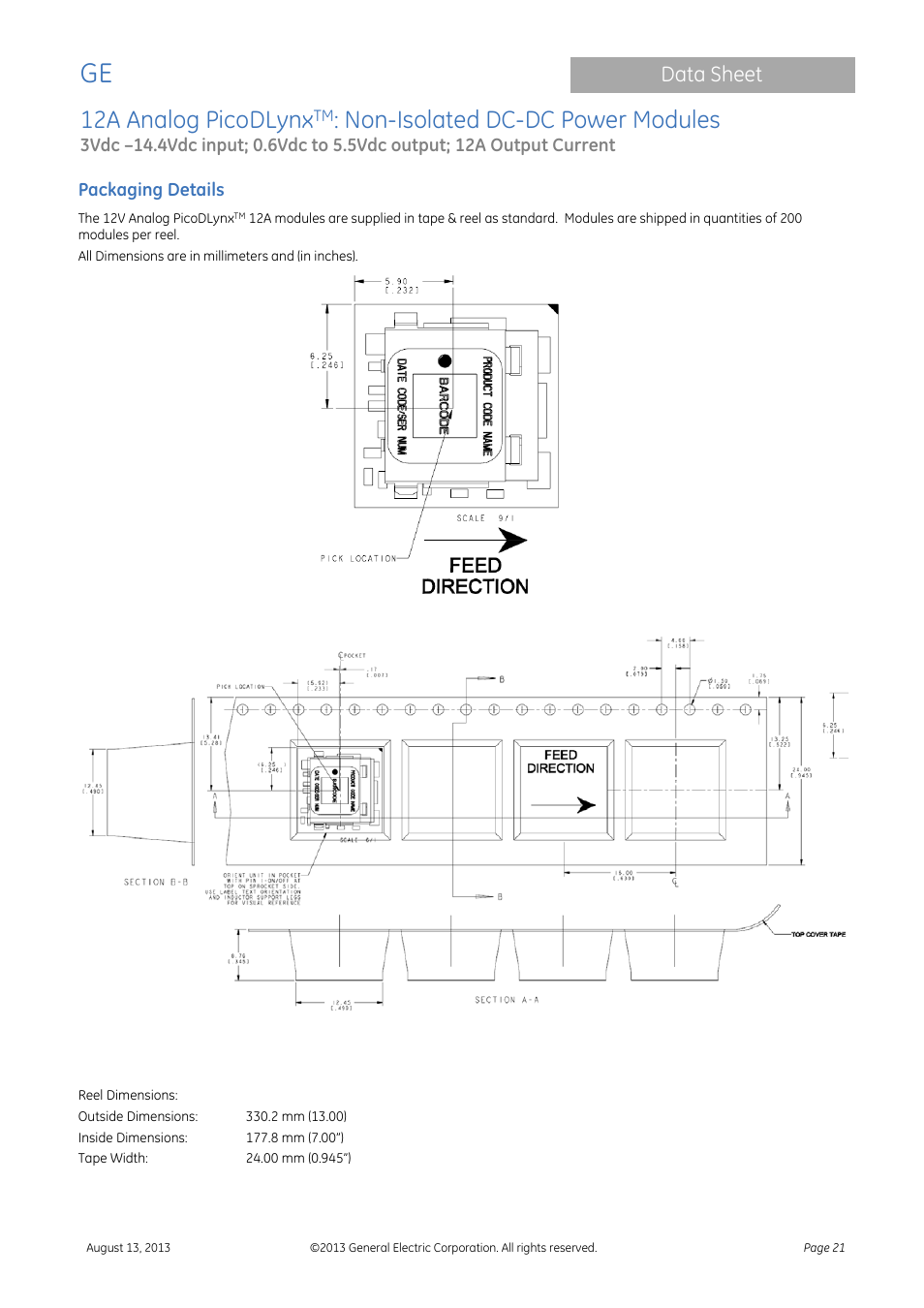 Packaging details, 12a analog picodlynx, Non-isolated dc-dc power modules | Data sheet | GE Industrial Solutions 12A Analog PicoDLynx User Manual | Page 21 / 23