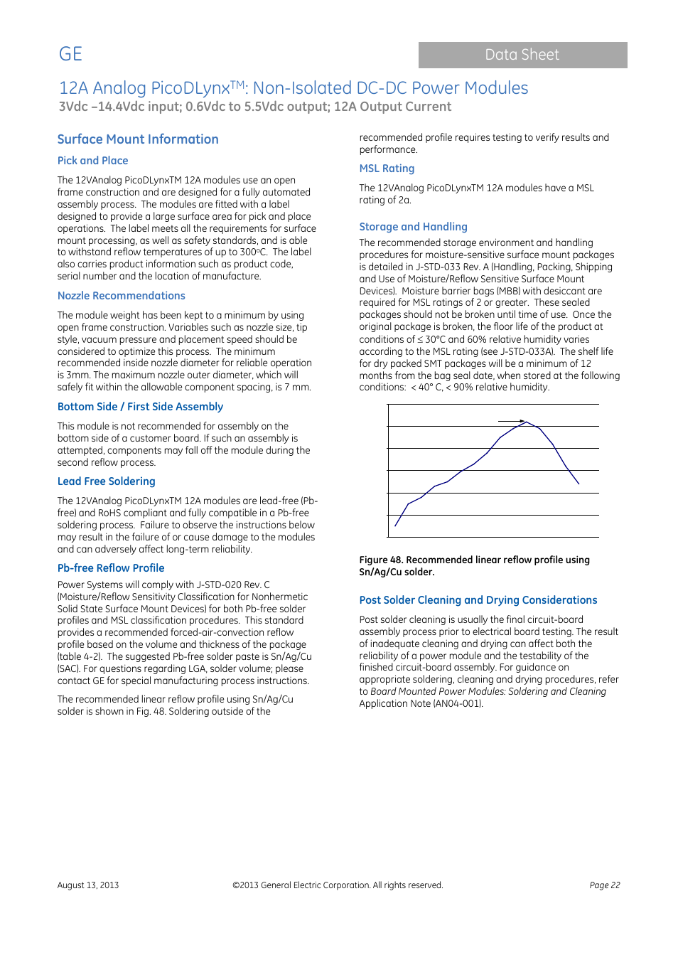 Surface mount information, Pick and place, Nozzle recommendations | Lead free soldering, Post solder cleaning and drying considerations, 12a analog picodlynx, Non-isolated dc-dc power modules, Data sheet | GE Industrial Solutions 12A Analog PicoDLynx User Manual | Page 22 / 23
