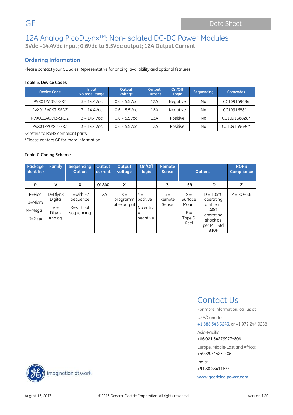 Ordering information, Please contact ge for more information, Contact us | 12a analog picodlynx, Non-isolated dc-dc power modules, Data sheet | GE Industrial Solutions 12A Analog PicoDLynx User Manual | Page 23 / 23