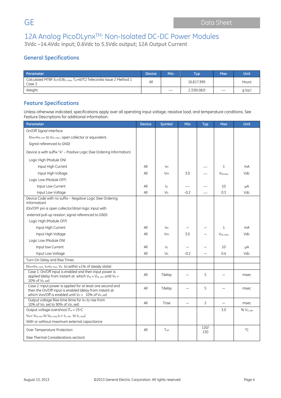 Feature specifications, 12a analog picodlynx, Non-isolated dc-dc power modules | Data sheet, General specifications | GE Industrial Solutions 12A Analog PicoDLynx User Manual | Page 4 / 23