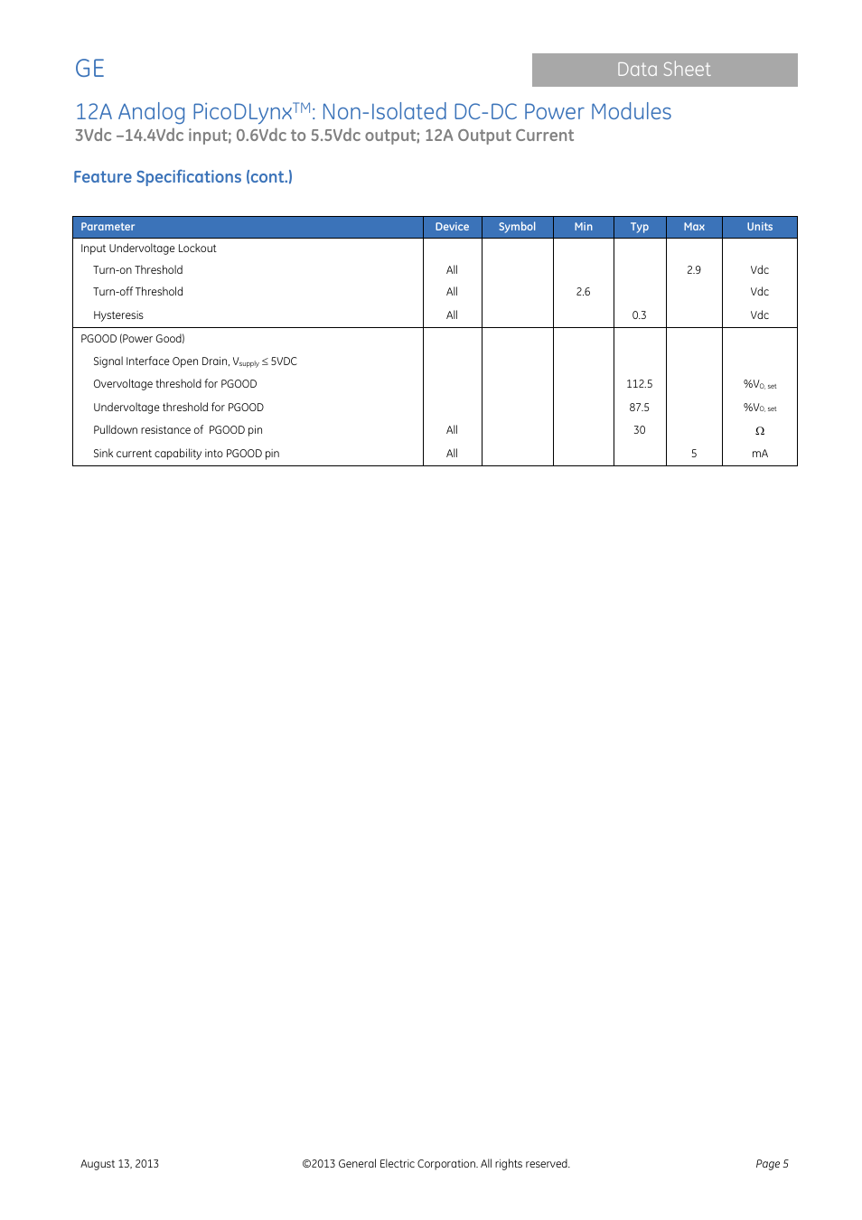 Feature specifications (cont.), 12a analog picodlynx, Non-isolated dc-dc power modules | Data sheet | GE Industrial Solutions 12A Analog PicoDLynx User Manual | Page 5 / 23