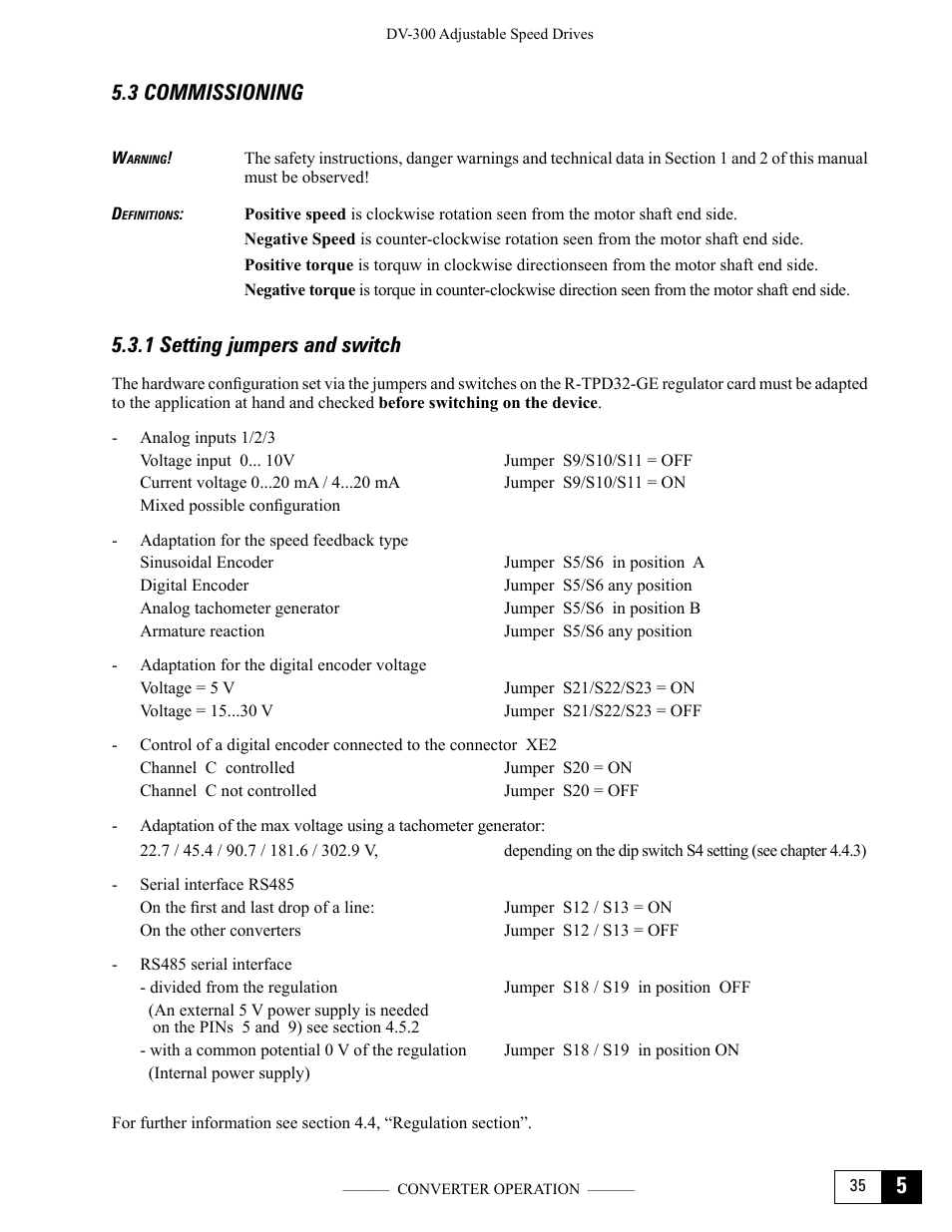 3 commissioning, 1 setting jumpers and switch | GE Industrial Solutions DV-300 DC Drive Users Manual User Manual | Page 111 / 488